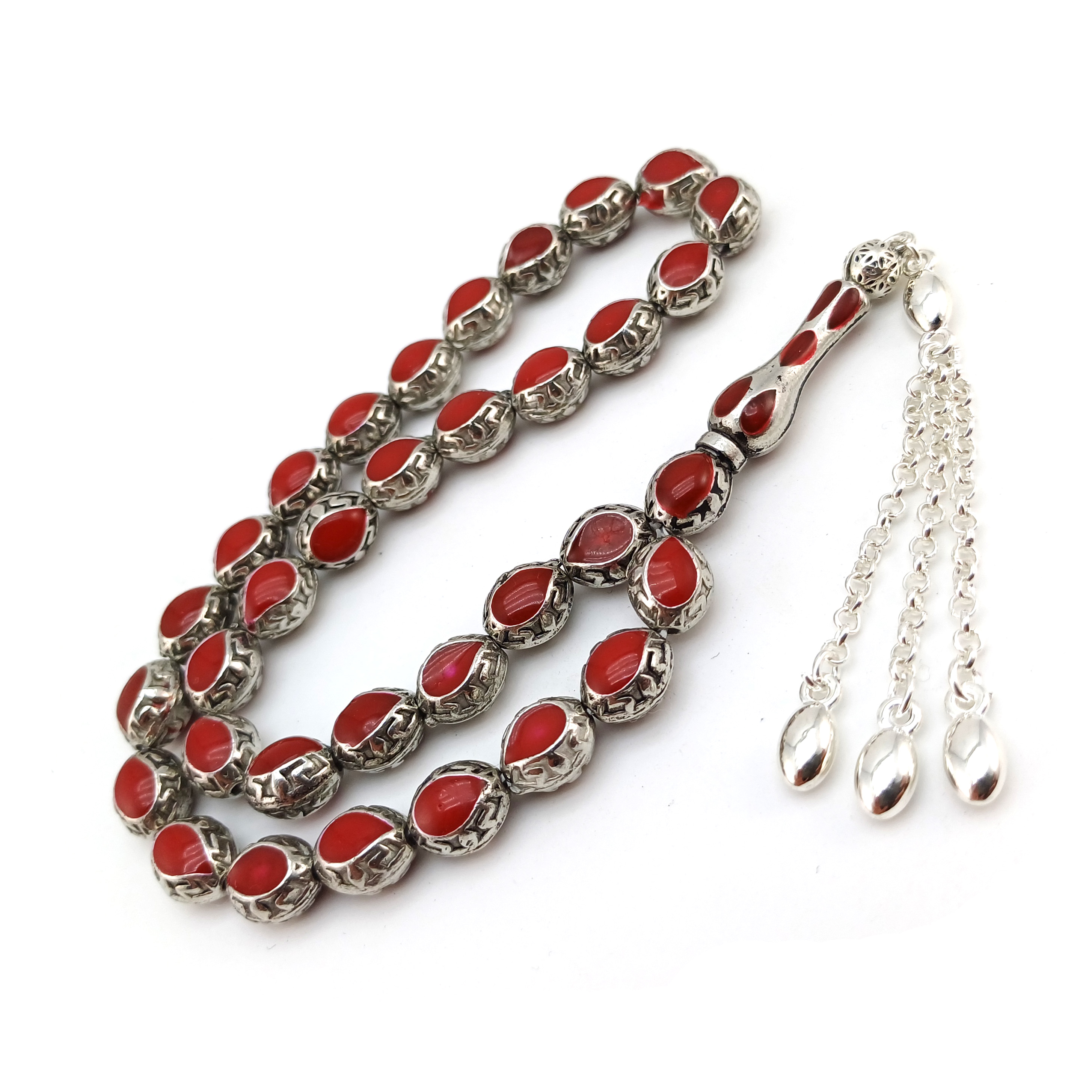 Kırmızı Mineli Metal Alpaka Ağır Tesbih