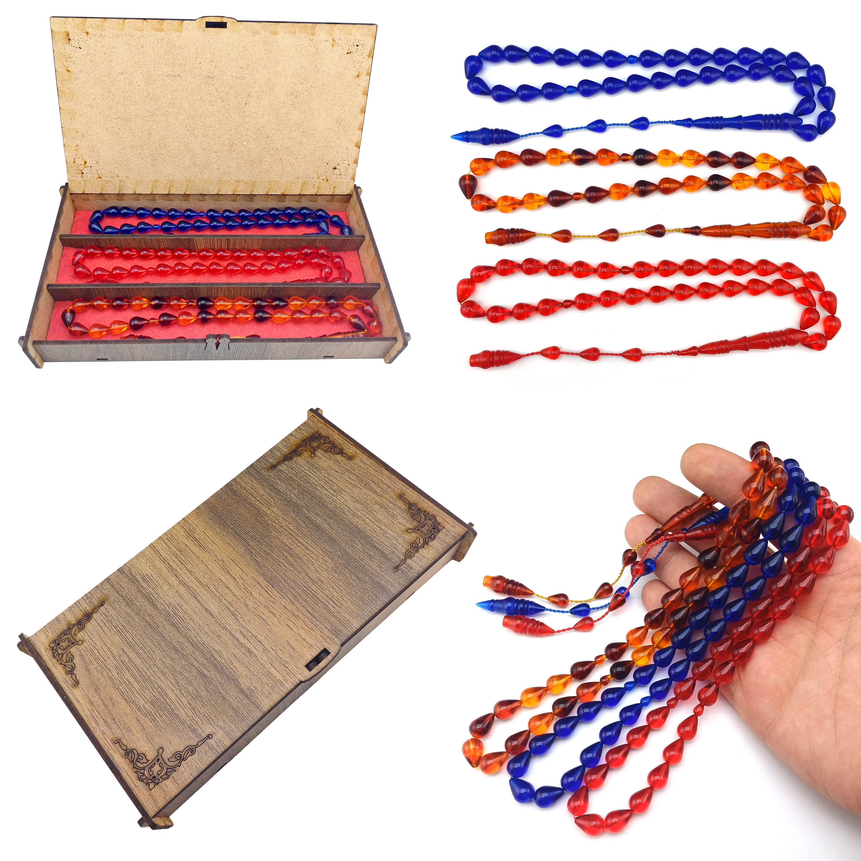 Damla Kesim 3lü Toz Kehribar Tesbih Seti Özel Ahşap Kutusunda