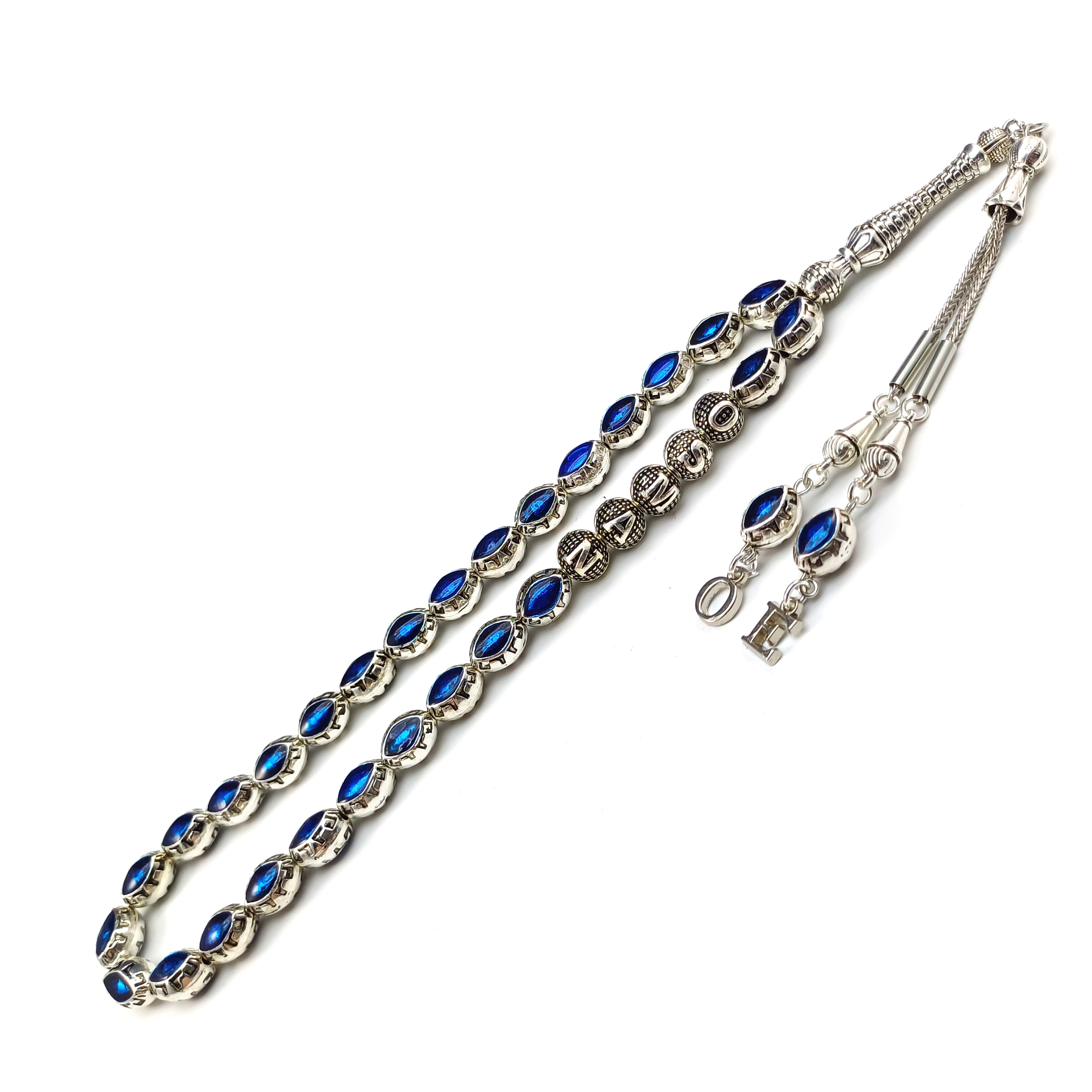 Lacivert Mineli İsimli Alpaka Metal Harfli Püskül Tesbih 