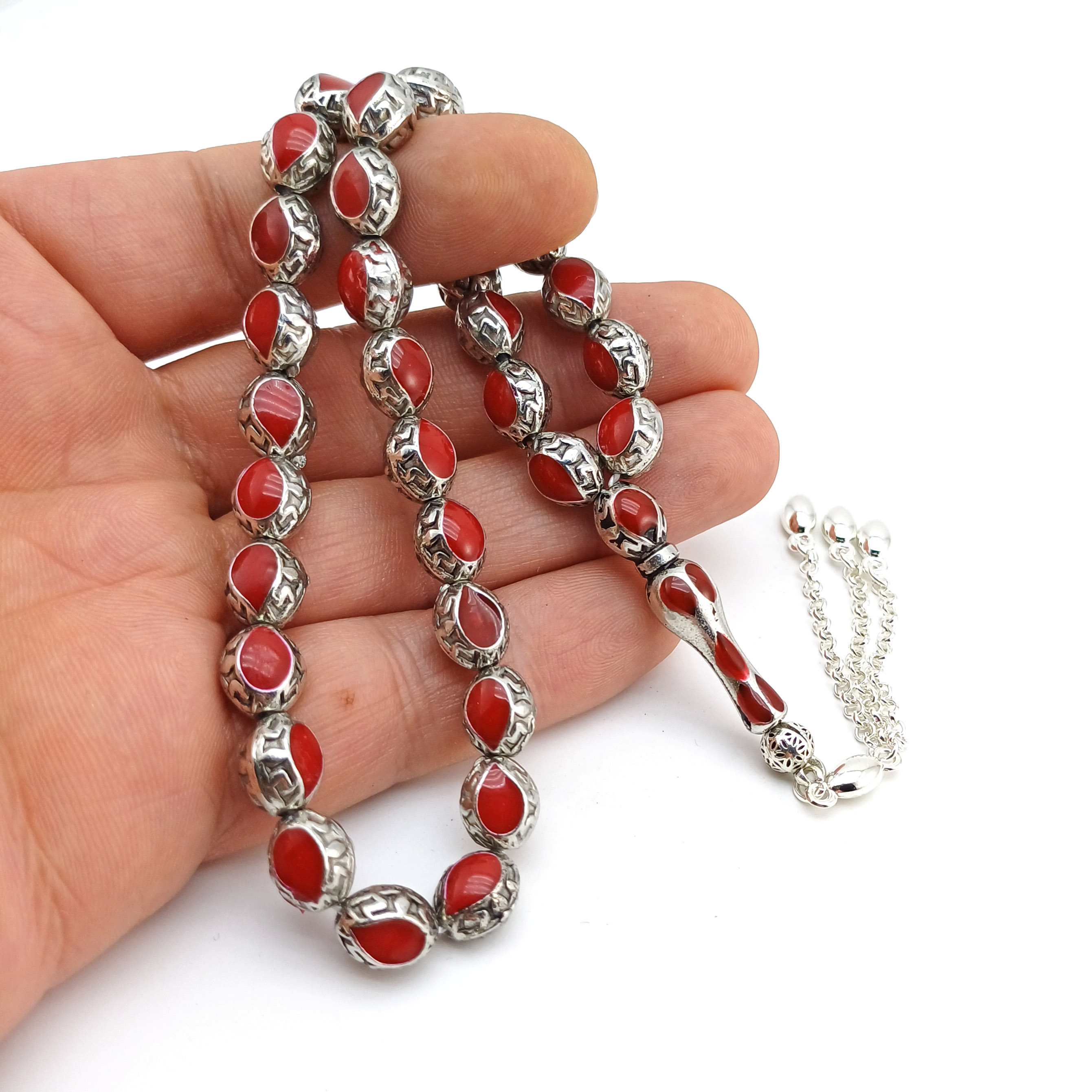 Kırmızı Mineli Metal Alpaka Ağır Tesbih