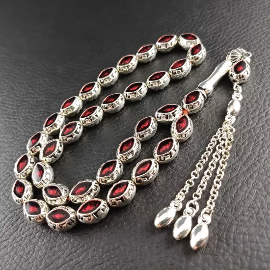 Kırmızı Mineli Metal Alpaka Ağır Tesbih