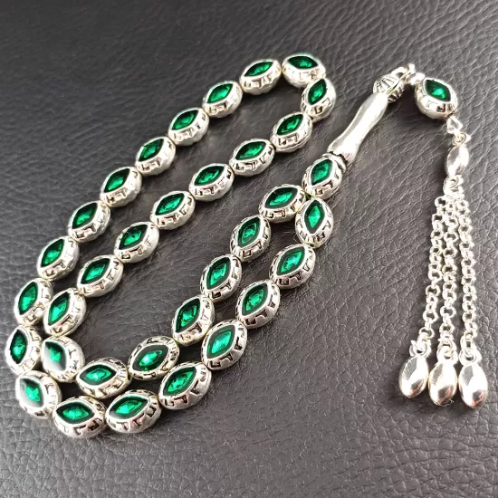 Yeşil Mineli Metal Alpaka Ağır Tesbih