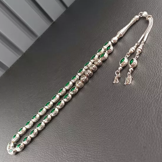 Kişiye Özel İsimli Yeşil Mineli Metal Tesbih
