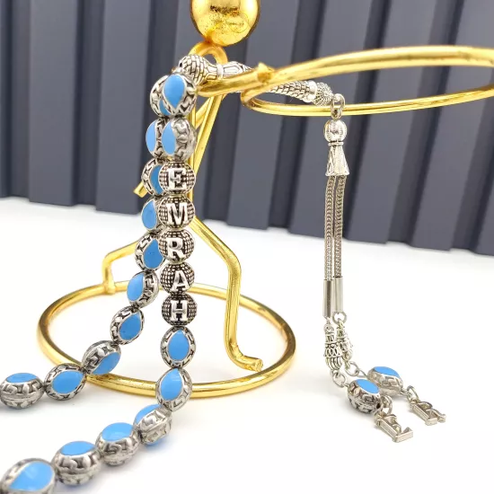 Kişiye Özel İsimli Mavi Mineli Metal Tesbih