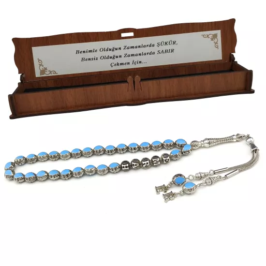 Kişiye Özel İsimli Mavi Mineli Metal Tesbih