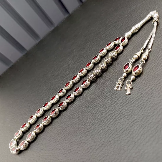 Kişiye Özel İsimli Kırmızı Mineli Metal Tesbih